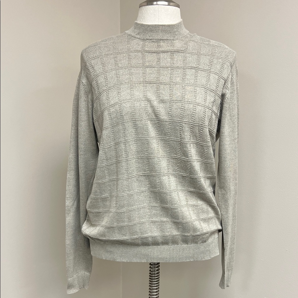 Perry Ellis men’s large grey gray silk cotton grid pattern mock neck sweater - Picture 2 of 8